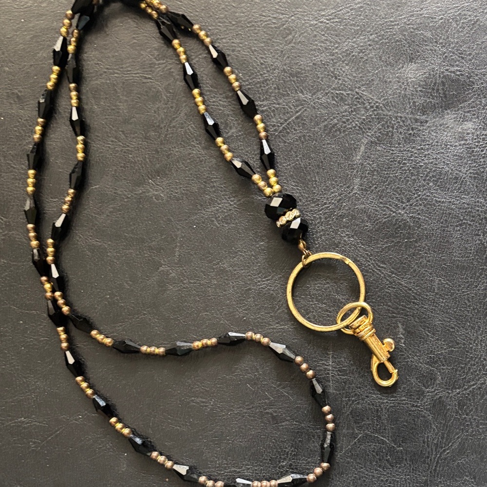 Elegant Black and Gold Beaded  lanyard Necklace for ID